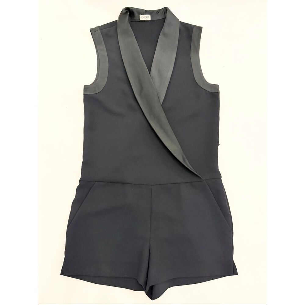 L'Agence Womens Black Tuxedo Style Sleeveless Satin Shawl Collar Romper Size 4